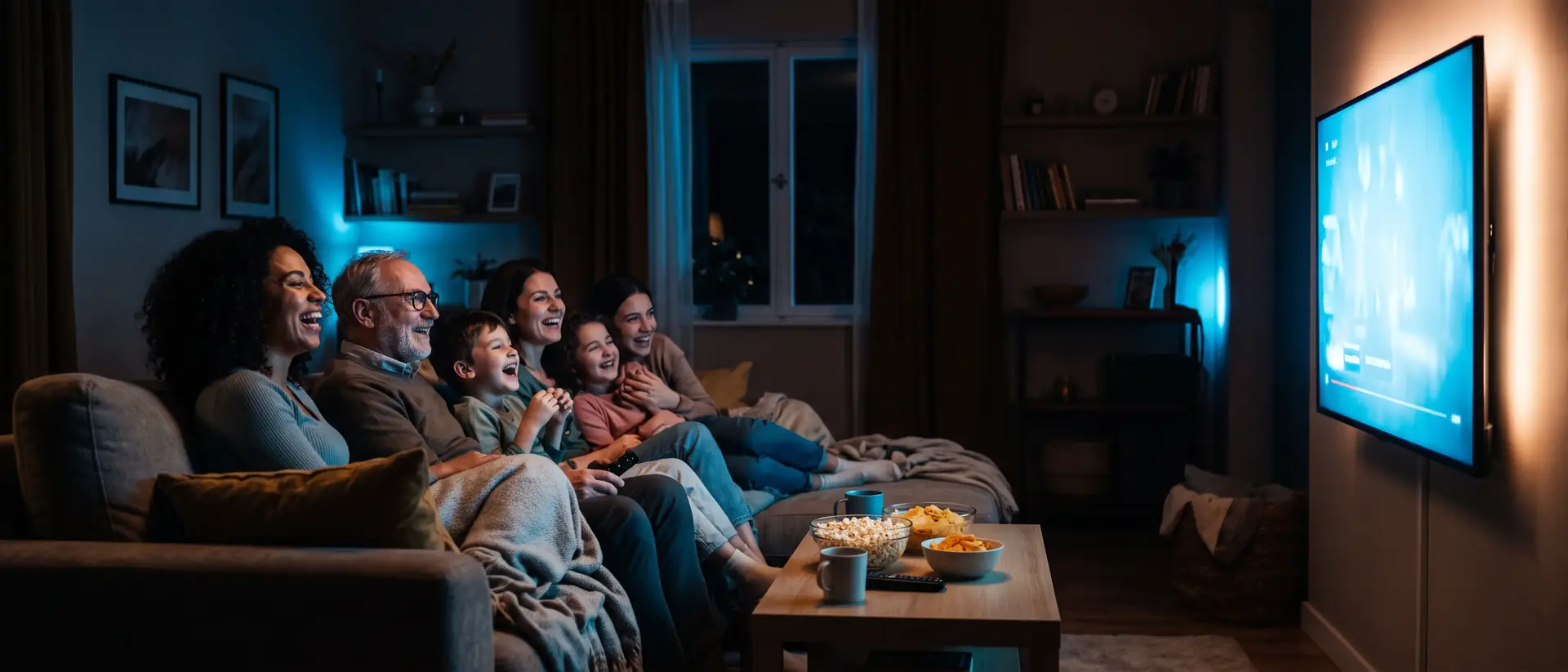 Family laughing on the sofa while watching an IPTV4Cheap subscription on a big TV at home