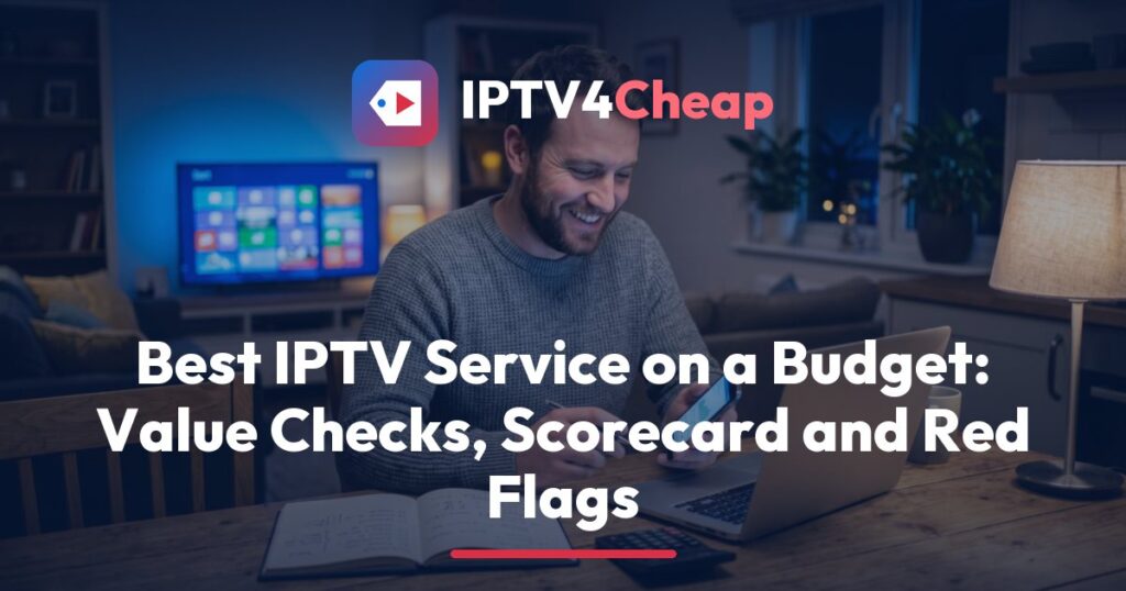 Viewer scoring providers on a paper checklist to pick the best IPTV service on a budget, with IPTV4Cheap plans in mind