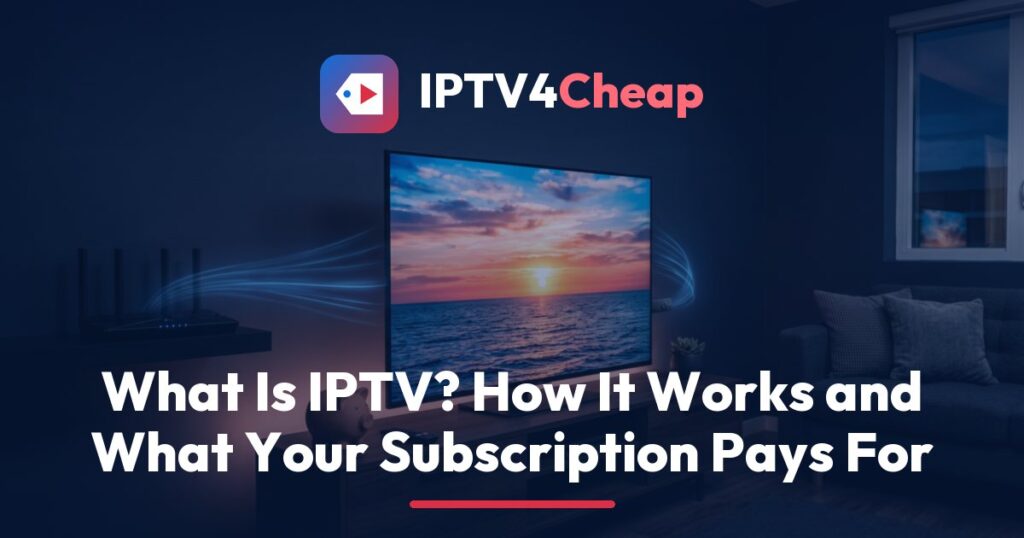 IPTV4Cheap guide to what is IPTV: TV with channel tiles, streaming stick, router cable and a cost calculator