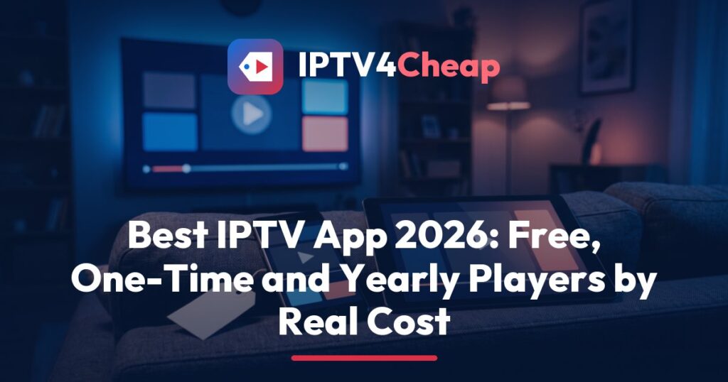 IPTV4Cheap guide to the best IPTV app by cost: TV, tablet and phone beside a notepad of price sums